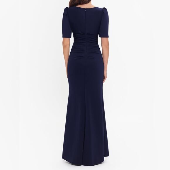 Xscape “Demi” 3/4 Sleeve Side Ruched Floor Length Gown Midnight Women’s Sz 12 - Picture 4 of 8